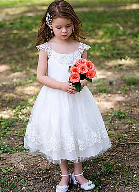 Ball-gown/princess Scoop Tea-length Tulle Flower Girl Dresses With Sashes