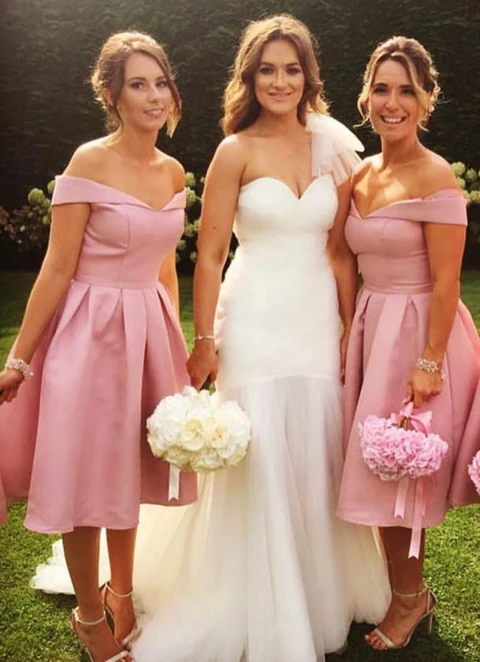 Ball-gown/princess Sleeveless Off-the-shoulder Tea-length Satin Bridesmaid Dresses With Pleated