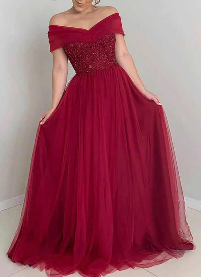 A-line Off-the-shoulder Sleeveless Long/floor-length Tulle Dresses With Appliqued