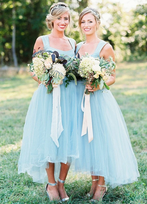 A-line Square Neckline Asymmetrical Tulle Bridesmaid Dresses