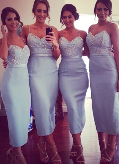 Sheath/column Sleeveless V Neck Tea-length Elastic Satin Bridesmaid Dresses With Appliqued