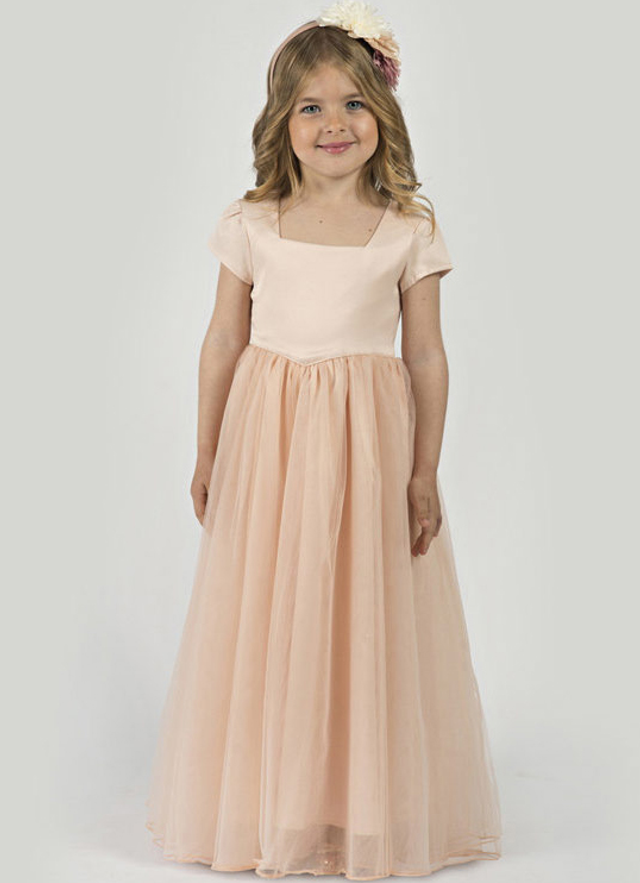 A Line Floor-length Square Short Sleeves Pleated Tulle Flower Girl Dresses