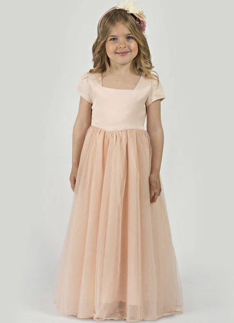 A Line Floor-length Square Short Sleeves Pleated Tulle Flower Girl Dresses