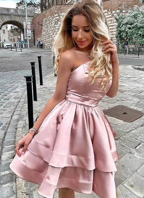 A-line Princess One-shoulder Sleeveless Short/mini Satin Dresses With Ruffles