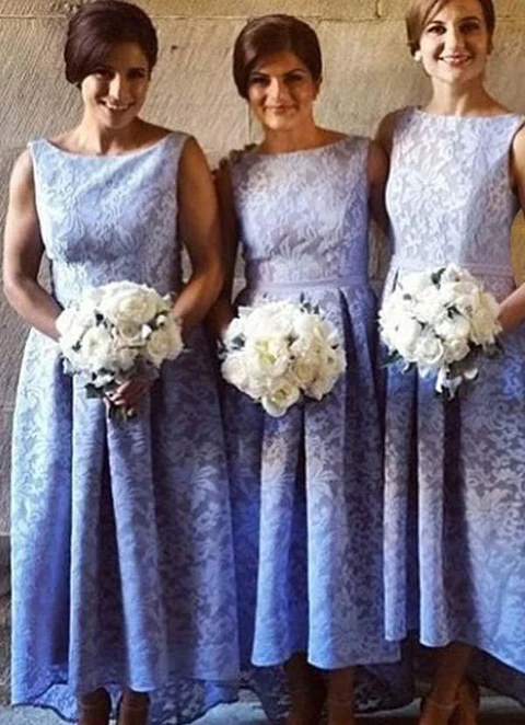 A-line Scoop Sleeveless Asymmetrical Lace Bridesmaid Dresses With Pleated