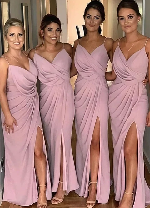 Sheath/column Sleeveless V Neck Long/floor-length Chiffon Bridesmaid Dresses