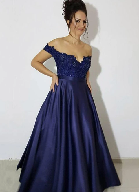 A-line/princess Off-the-shoulder Sleeveless Long/floor-length Satin Dresses With Appliqued Beading