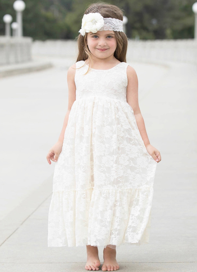 A Line Tea-length Scoop Sleevesless Lace Flower Girl Dresses With Sashes