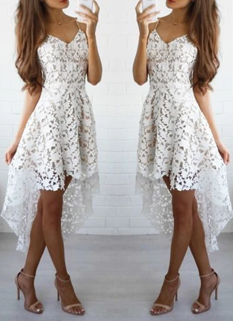 A-line V Neck Sleeveless Asymmetrical Lace Dresses