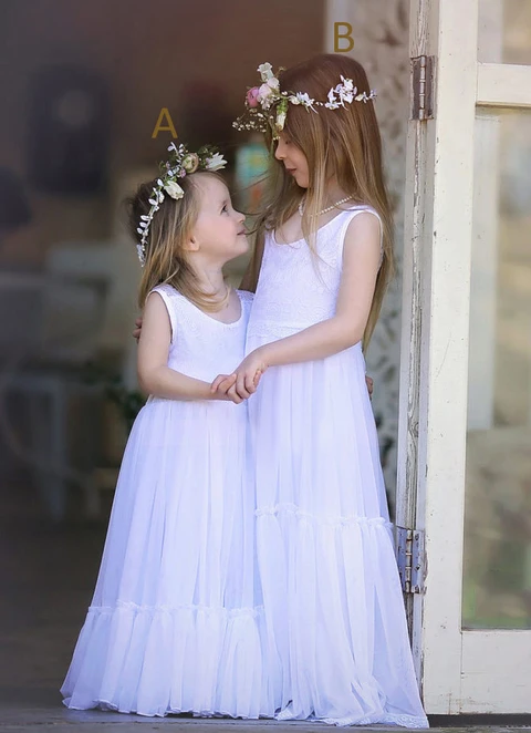 A Line Floor-length Scoop Sleevesless Chiffon  Flower Girl Dresses With Lace