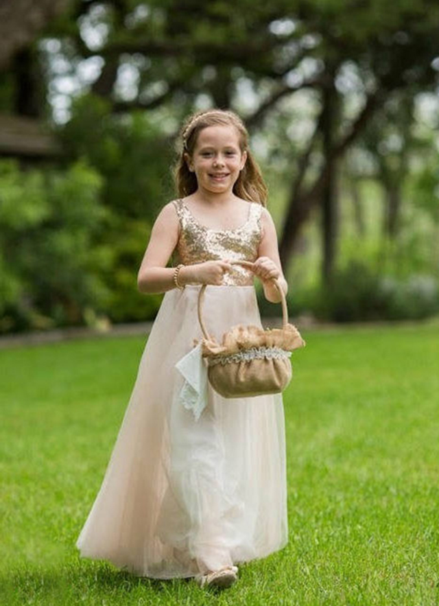 A Line Floor-length Square Sleevesless Tulle Flower Girl Dresses With Sequins