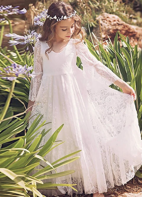 A-line Long Sleeves V-neck Lace Floor-length Junior Bridesmaid Dresses