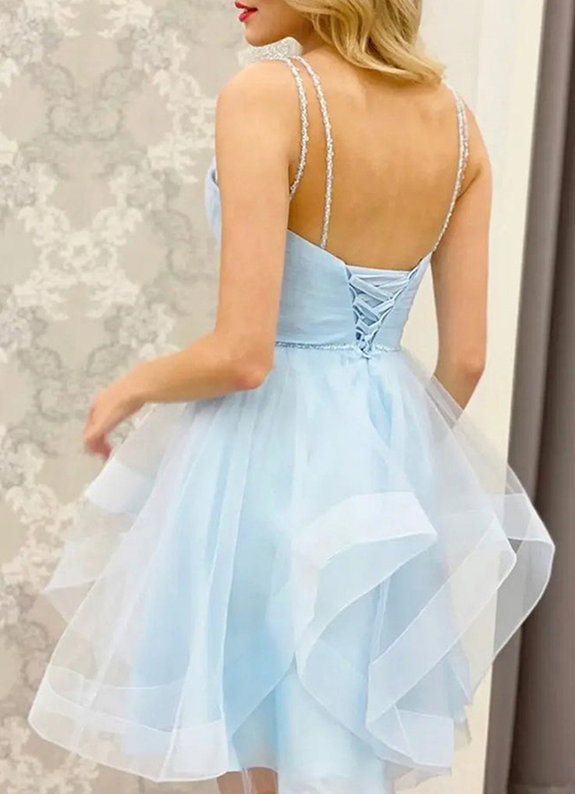 A-line V Neck Sleeveless Tulle Short/mini Dresses With Beading