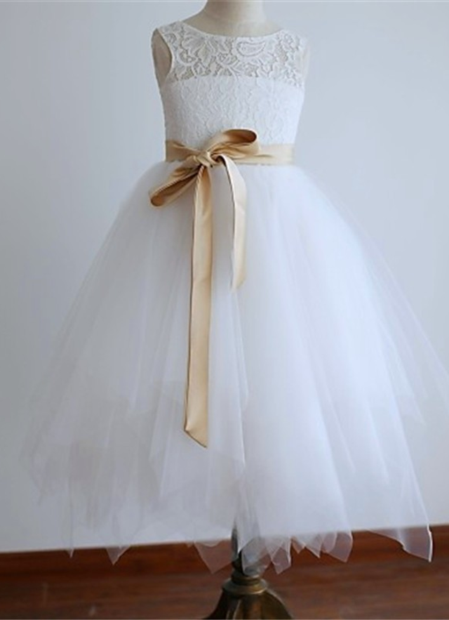 Ball-gown/princess Scoop Sleeveless Sash/ribbon/belt Tea-length Tulle Flower Girl Dresses