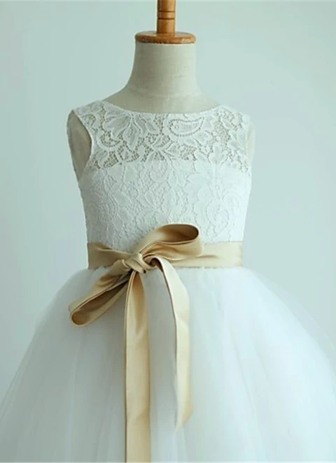 Ball-gown/princess Scoop Sleeveless Sash/ribbon/belt Tea-length Tulle Flower Girl Dresses