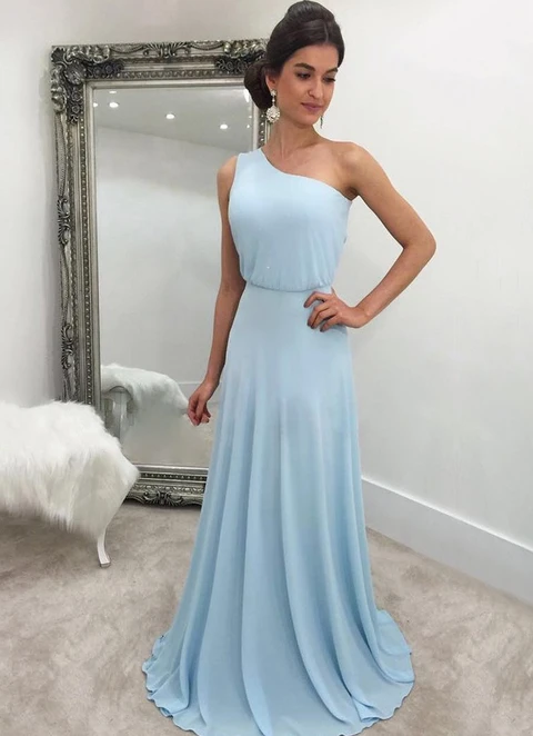 A-line/princess One-shoulder Sleeveless Sweep Train Chiffon Dresses