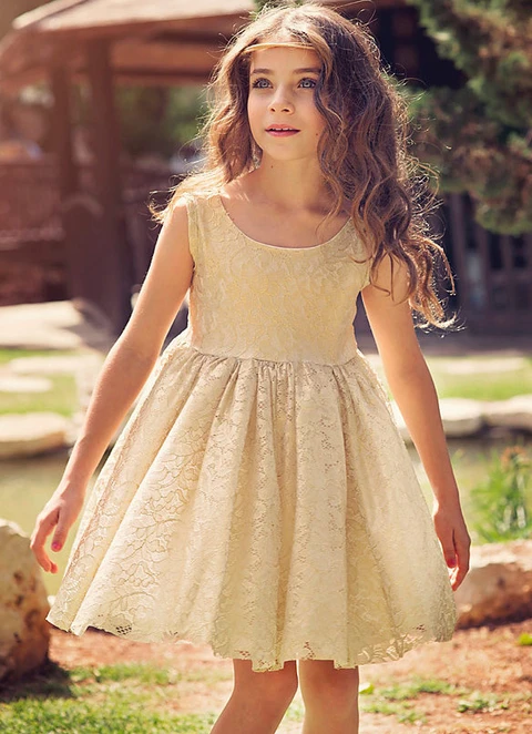 Ball-gown/princess Knee-length Scoop Sleevesless Lace Flower Girl Dresses With Flower