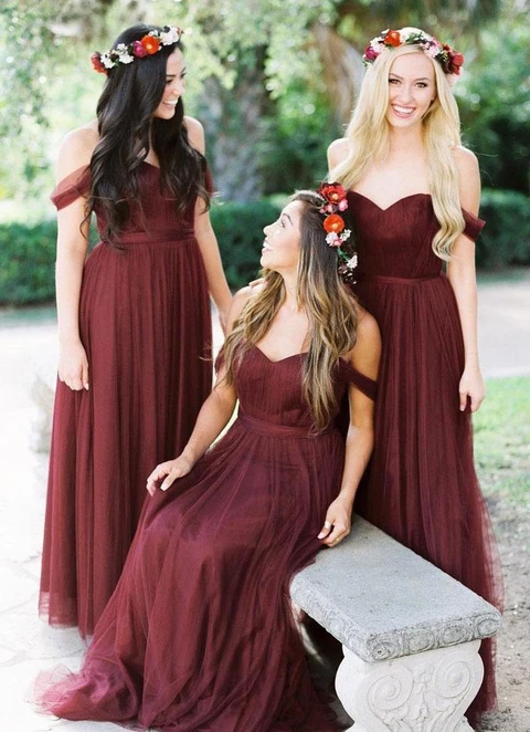 A-line Sleeveless Off-the-shoulder Long/floor-length Tulle Bridesmaid Dresses With Pleated