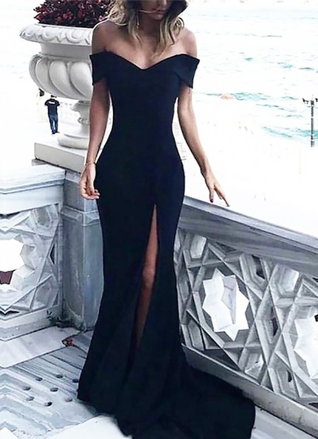 Sheath Off-the-shoulder Sleeveless Court Train With Ruched Spandex Dresses