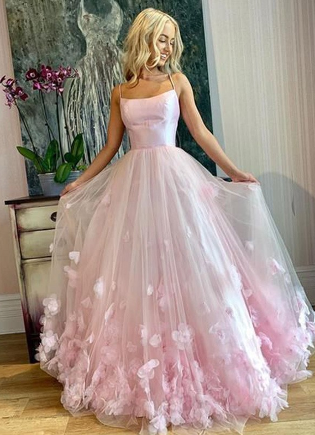 A-line/princess Bateau Tulle Applique Floor-length Sleeveless Dresses