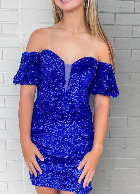 Sheath/column Off-the-shoulder Short Sleeve Sequined Short/mini Dresses