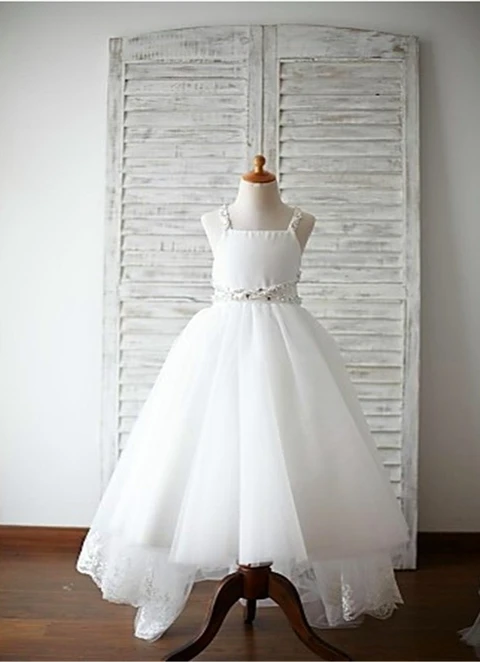 Ball-gown/princess Square Sleeveless Beading Sweep/brush Train Tulle Flower Girl Dresses