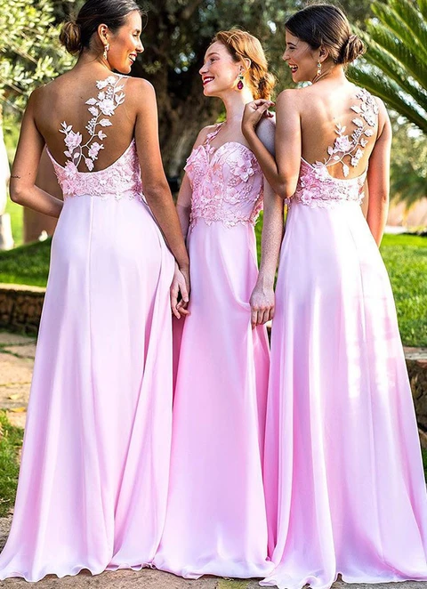 A-line Sleeveless One-shoulder Sweep Train Chiffon Bridesmaid Dresses With Appliqued