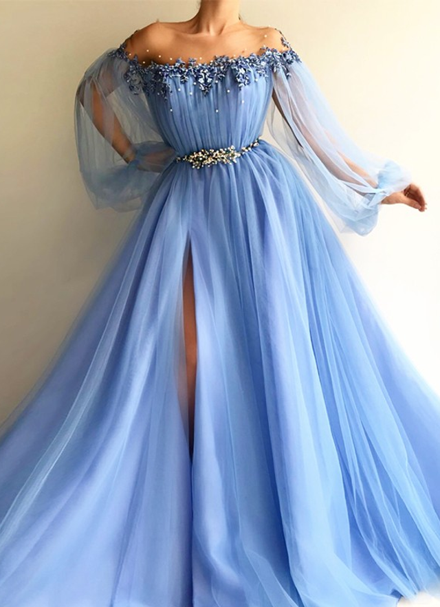 A-line/princess Long Sleeves Off-the-shoulder Tulle Beading Floor-length Dresses