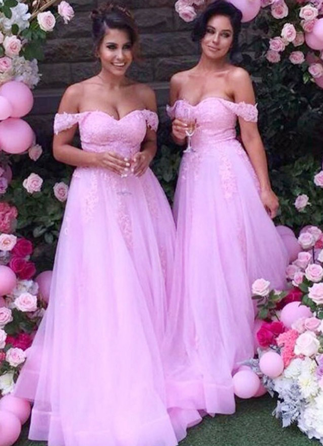 Ball-gown/princess Off-the-shoulder Sleeveless Floor-length Tulle Bridesmaid Dresses With Lace