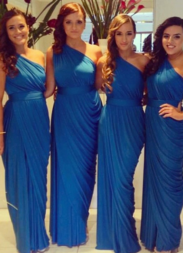 Sheath/column Sleeveless One-shoulder Floor-length Chiffon Bridesmaid Dresses With Pleated