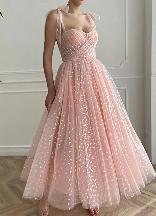 A-line Sweetheart Sleeveless Ankle-length Tulle Dresses With Pleated Sequins