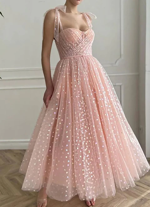 A-line Sweetheart Sleeveless Ankle-length Tulle Dresses With Pleated Sequins