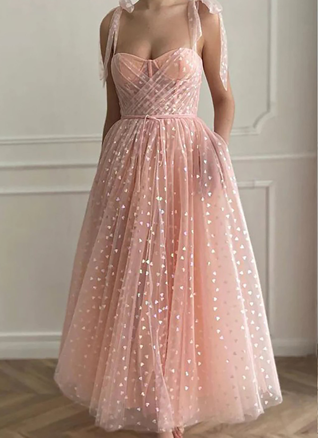 A-line Sweetheart Sleeveless Ankle-length Tulle Dresses With Pleated Sequins