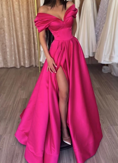 A-line Off-the-shoulder Short Sleeve Satin Long/floor-length Pleated Dresses