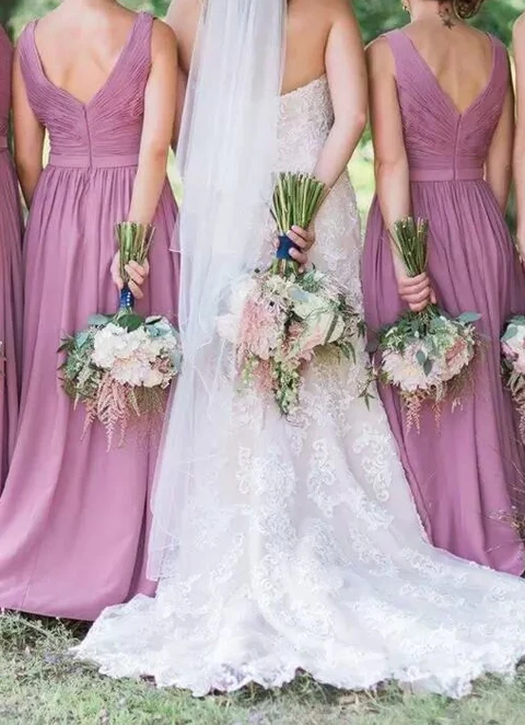 A-line Sleeveless V Neck Long/floor-length Chiffon Bridesmaid Dresses With Pleated