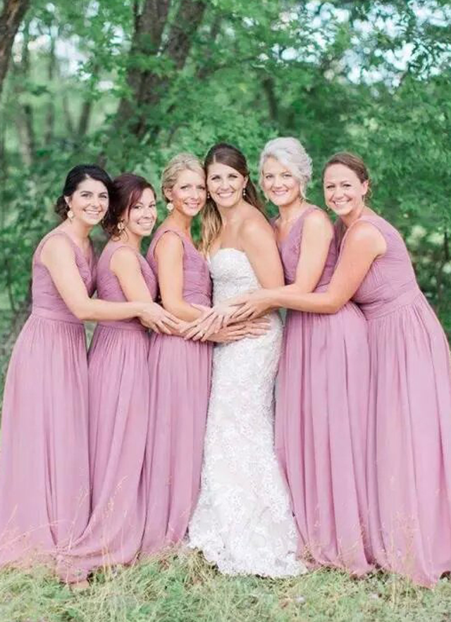 A-line Sleeveless V Neck Long/floor-length Chiffon Bridesmaid Dresses With Pleated