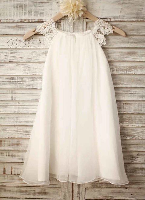 A-line Scoop Sleeveless Lace Tea-length Chiffon Flower Girl Dresses