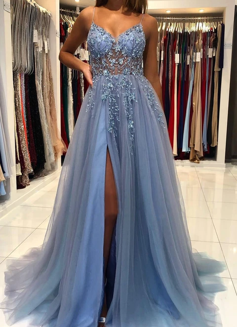 A-line V Neck Spaghetti Straps Sweep Train Tulle Prom Dress With Beading Sequins