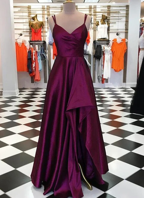 A-line V Neck Spaghetti Straps Long/floor-length Satin Dresses With Pleated