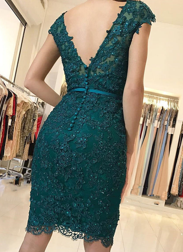 Sheath/column V Neck Sleeveless Lace Knee-length Dresses With Beading