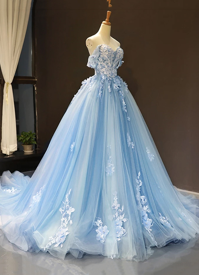 Ball Gown Tulle Off-the-shoulder Sleeveless Applique Chapel Train Dresses