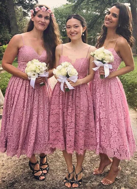 Ball-gown/princess Sleeveless Sweetheart Tea-length Lace Bridesmaid Dresses With Pleated