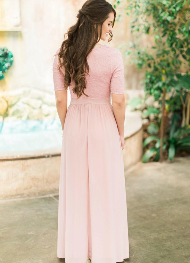 A-line Short Sleeve Scoop Neck Ankle-length Chiffon Bridesmaid Dresses With Lace Pleated