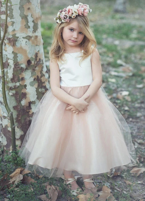 Ball-gown/princess Tea-length Scoop Sleevesless Tulle Flower Girl Dresses