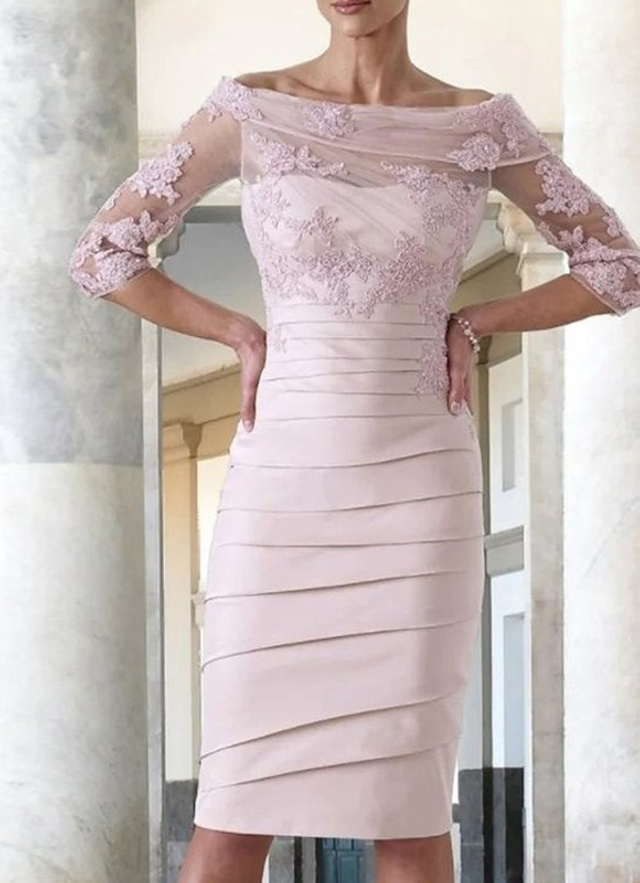 Sheath/column Satin Lace Off The Shoulder 3/4 Sleeves Knee-length Mother Of The Bride Dresses