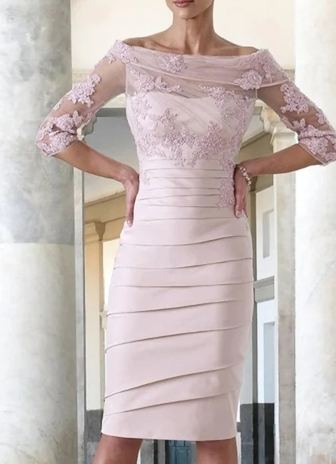 Sheath/column Satin Lace Off The Shoulder 3/4 Sleeves Knee-length Mother Of The Bride Dresses