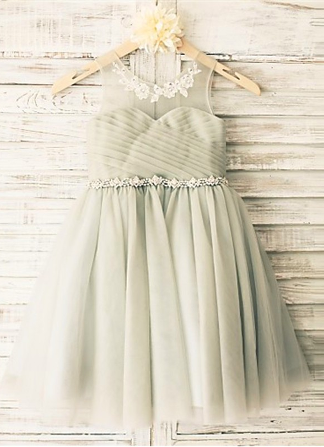 Ball-gown/princess Scoop Sleeveless Beading Tea-length Tulle Flower Girl Dresses 