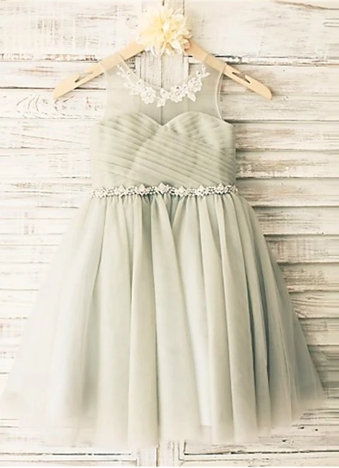 Ball-gown/princess Scoop Sleeveless Beading Tea-length Tulle Flower Girl Dresses 