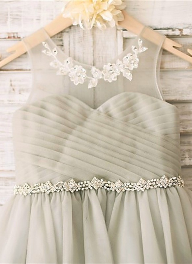 Ball-gown/princess Scoop Sleeveless Beading Tea-length Tulle Flower Girl Dresses 