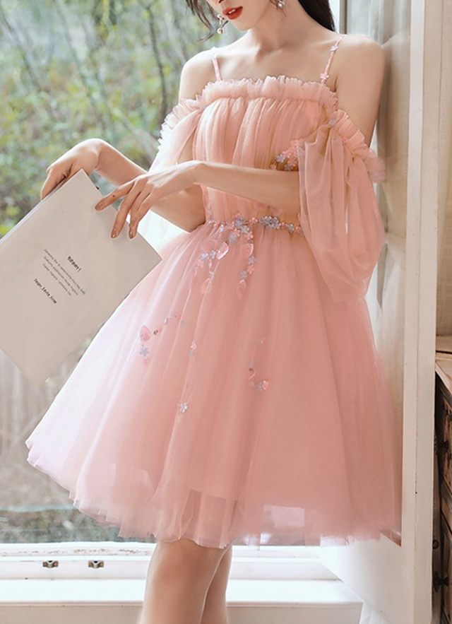 A-line Square Neckline Short Sleeve Short/mini Tulle Dresses With Beading Pleated